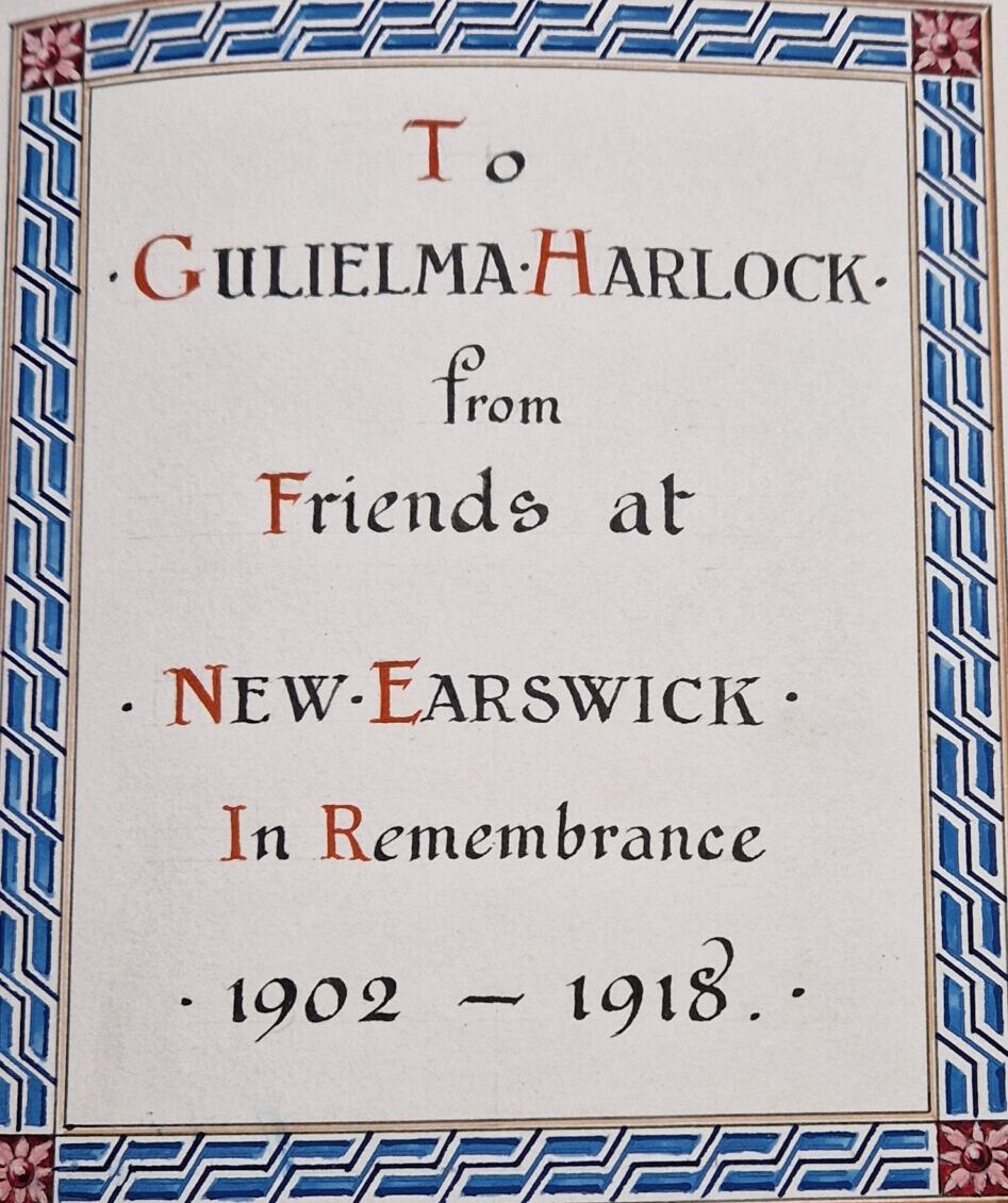 Photo Album dedication: (New Earswick) Photograph Album Presented to Guiliemia Harlock from friends at New Earswick in remembrance, 1902-1918