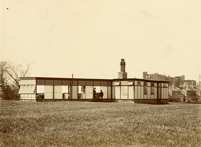 Rear view of an open-air ward at the York Fever Hospital in the 1910s