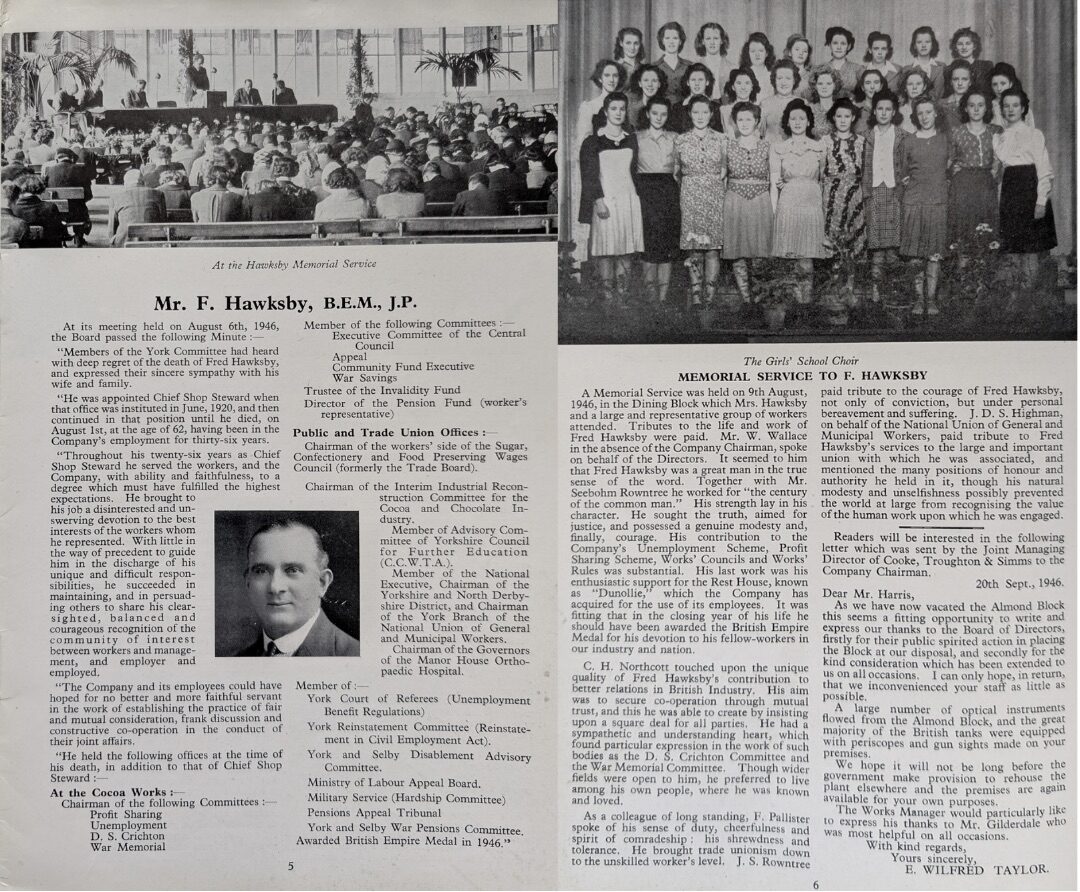 Hawksby’s memorial in the Cocoa Works Magazine Autumn 1946