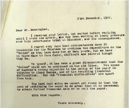 Letter to H.W. Massingham from Joseph Rowntree